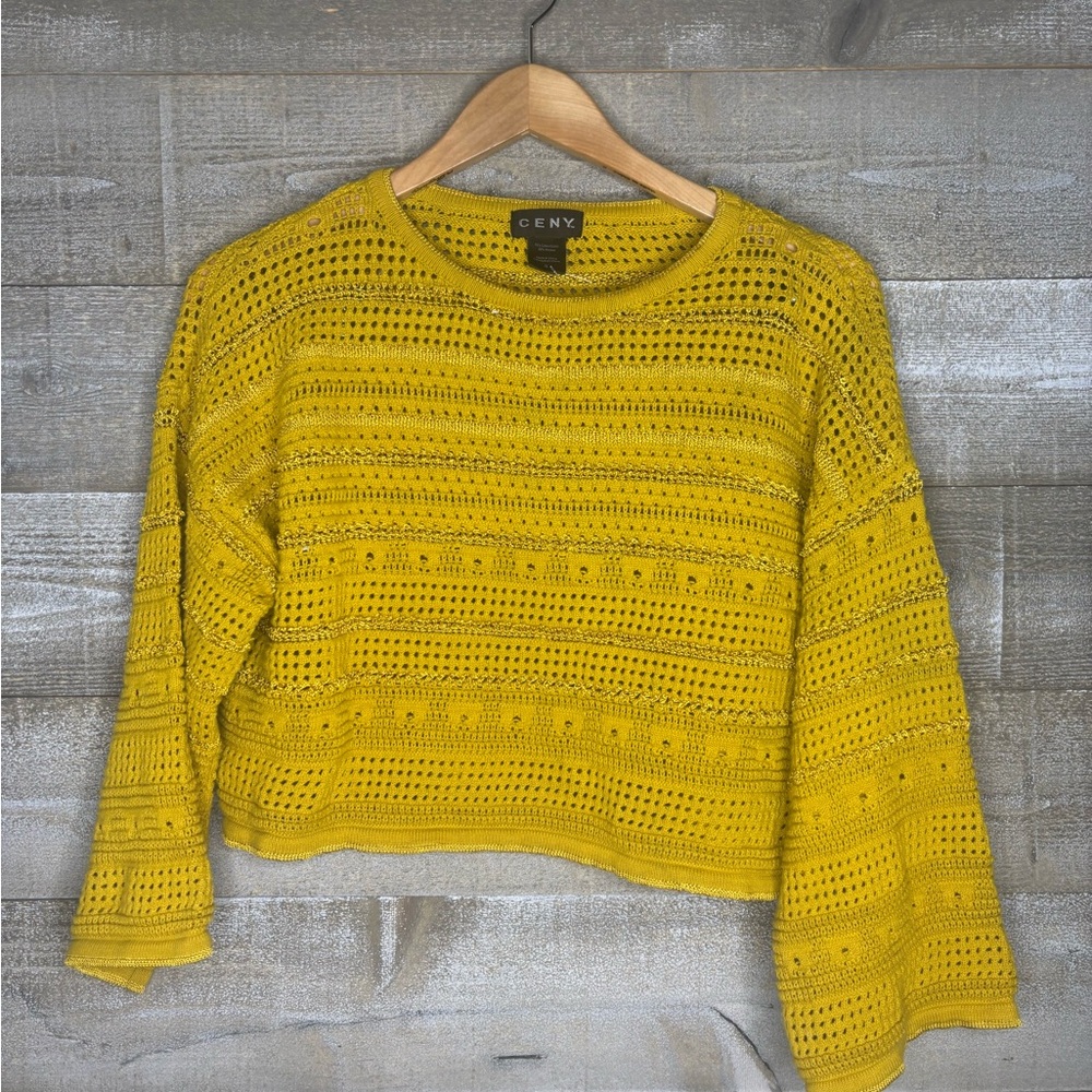 CENY Mustard Yellow Women's Crochet Sweater slight crop
